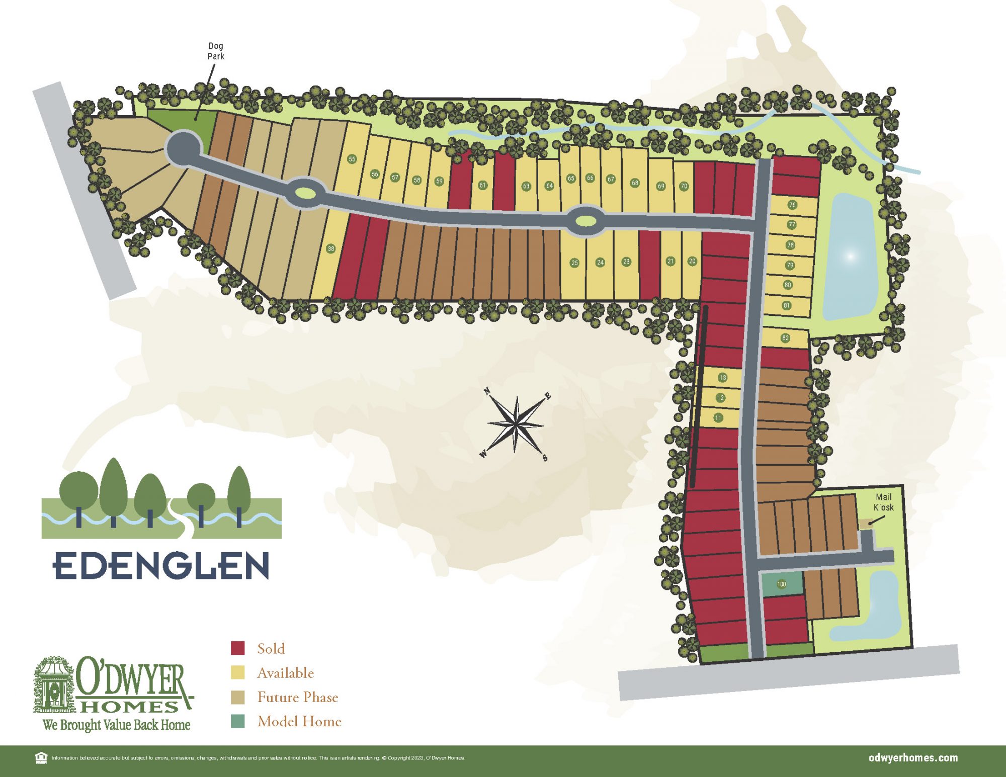 A plat of available, unavailable homes, and under contract homes for the Edenglen community.